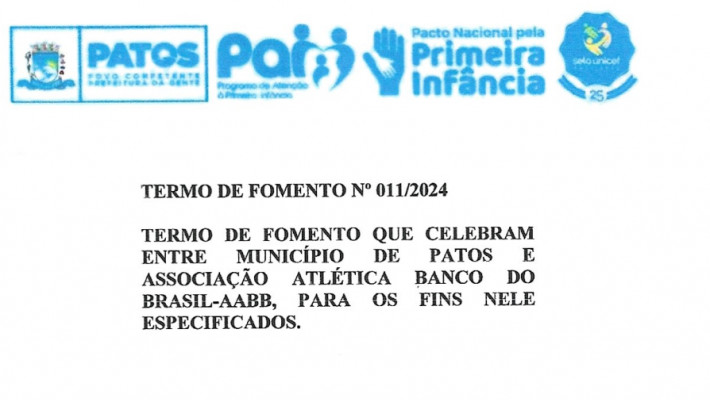 Termo de Fomento que celebra parceria entre a Prefeitura Municipal de Patos e a AABB Patos-PB