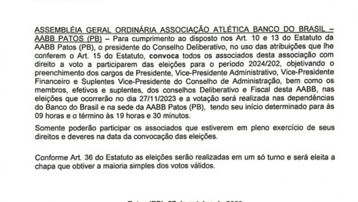 EDITAL ELEIÇÕES AABB PATOS – PB 2023
